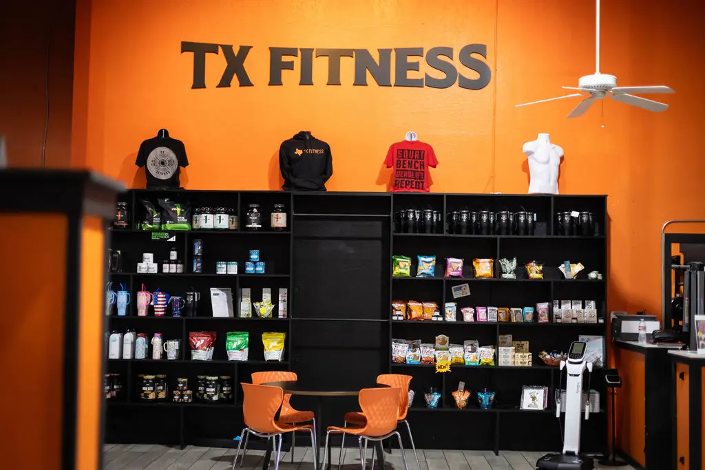 TX Fitness pro shop with supplements snacks and branded merchandise